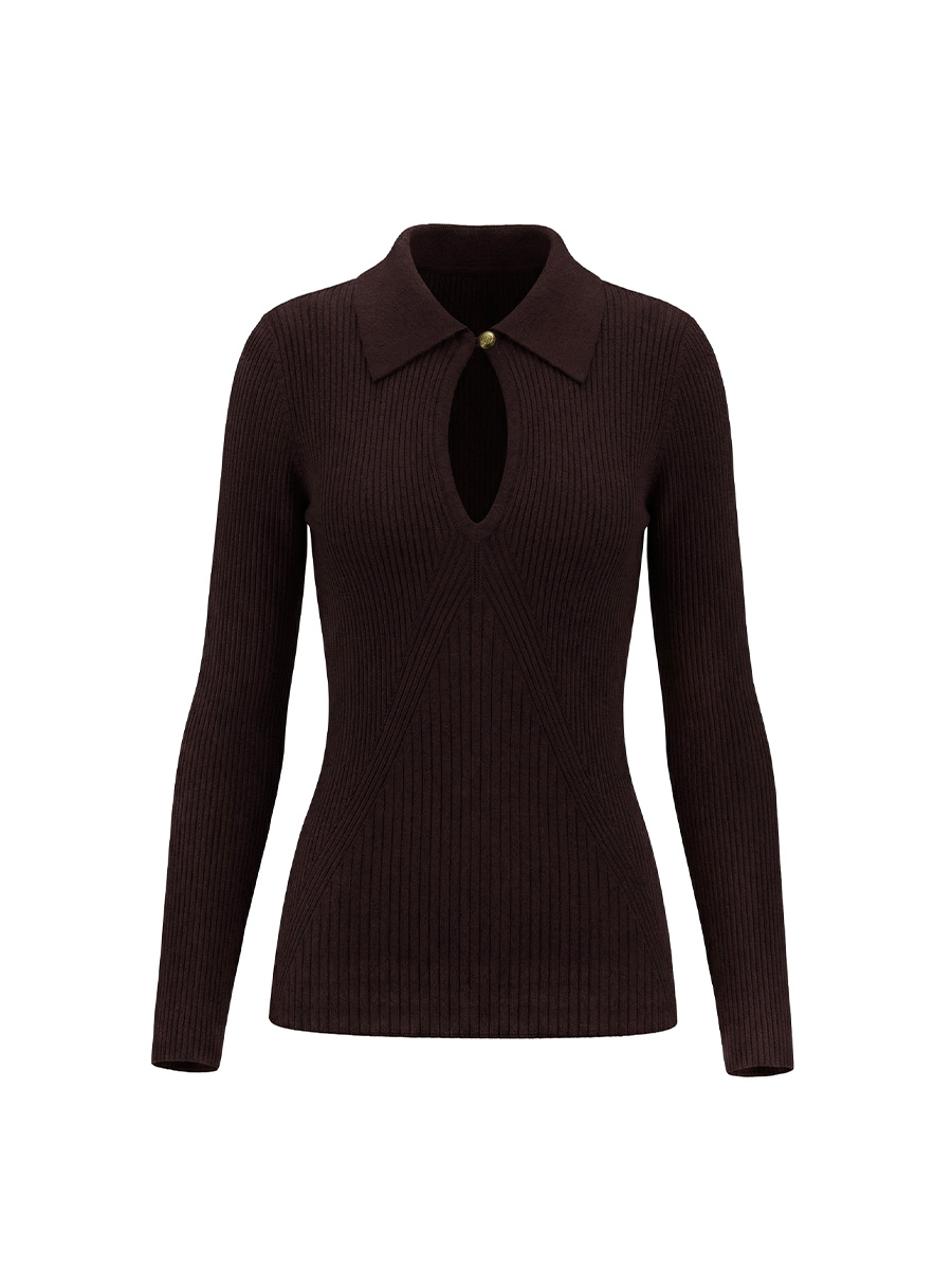 Лонгслів приталений коричневого кольору з вирізом у формі краплі 3