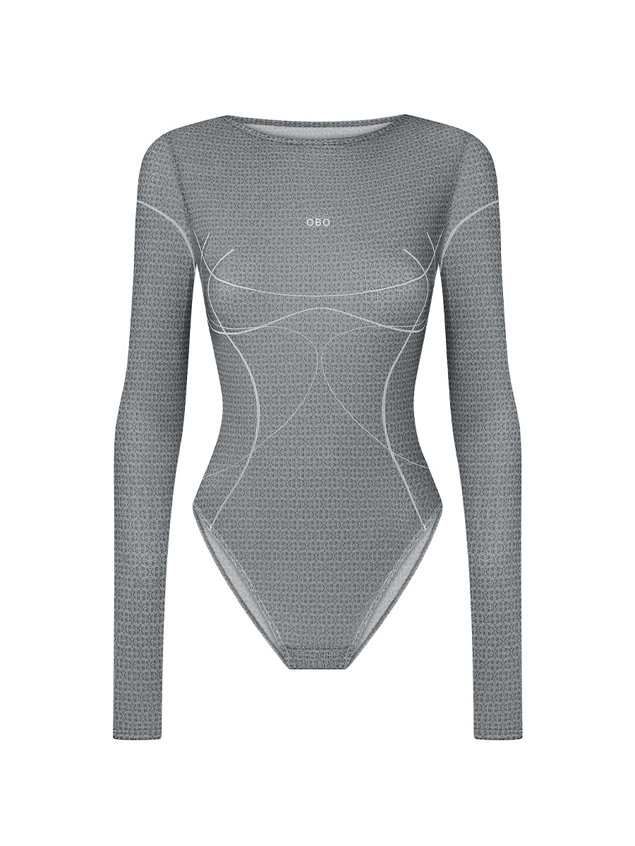 Боді сірого кольору з сітки у бренд елемент і ОВО по центру 1