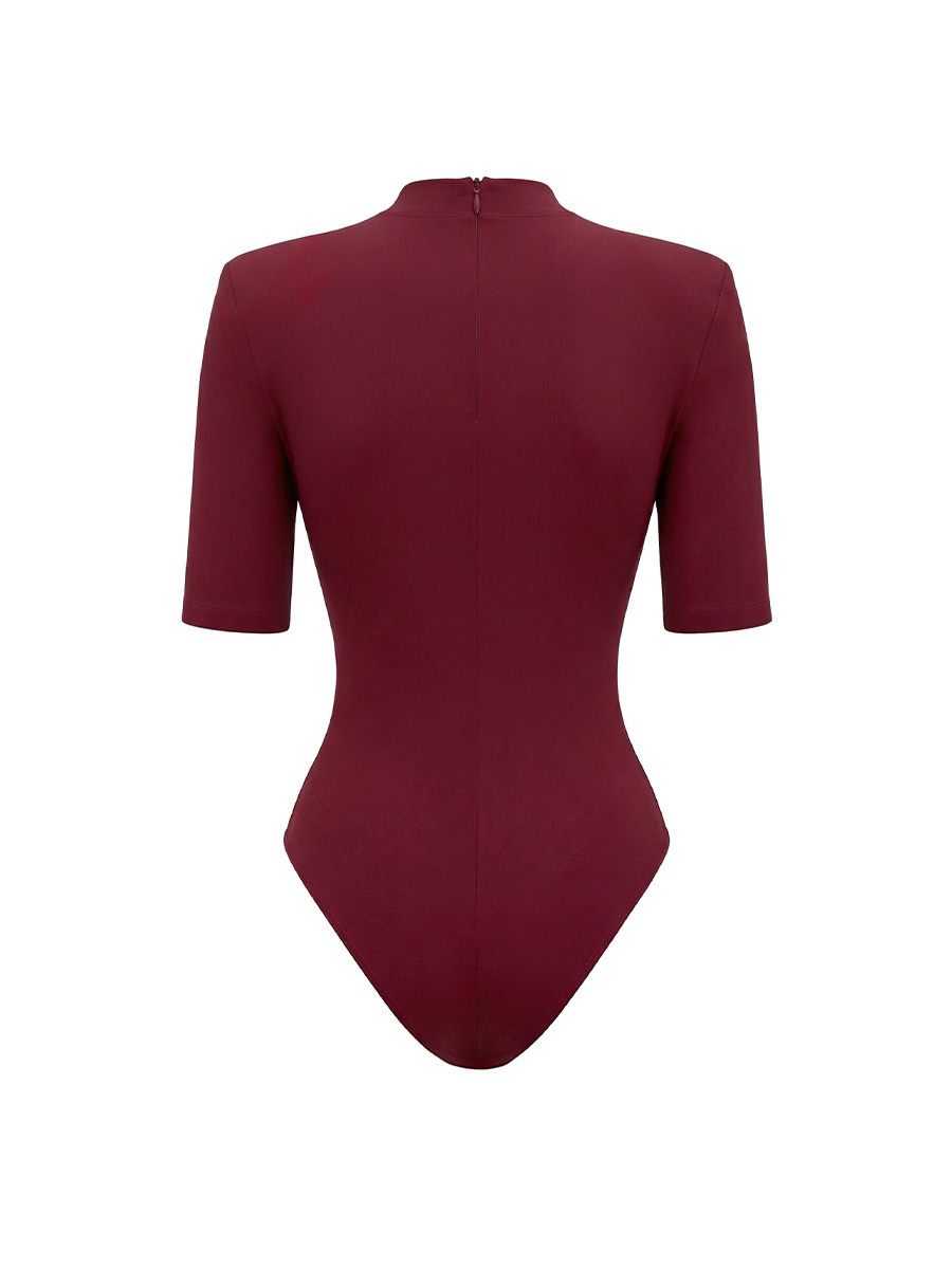 Боді бордового кольору з біфлекса з коротким рукав та з коміром стійка 1