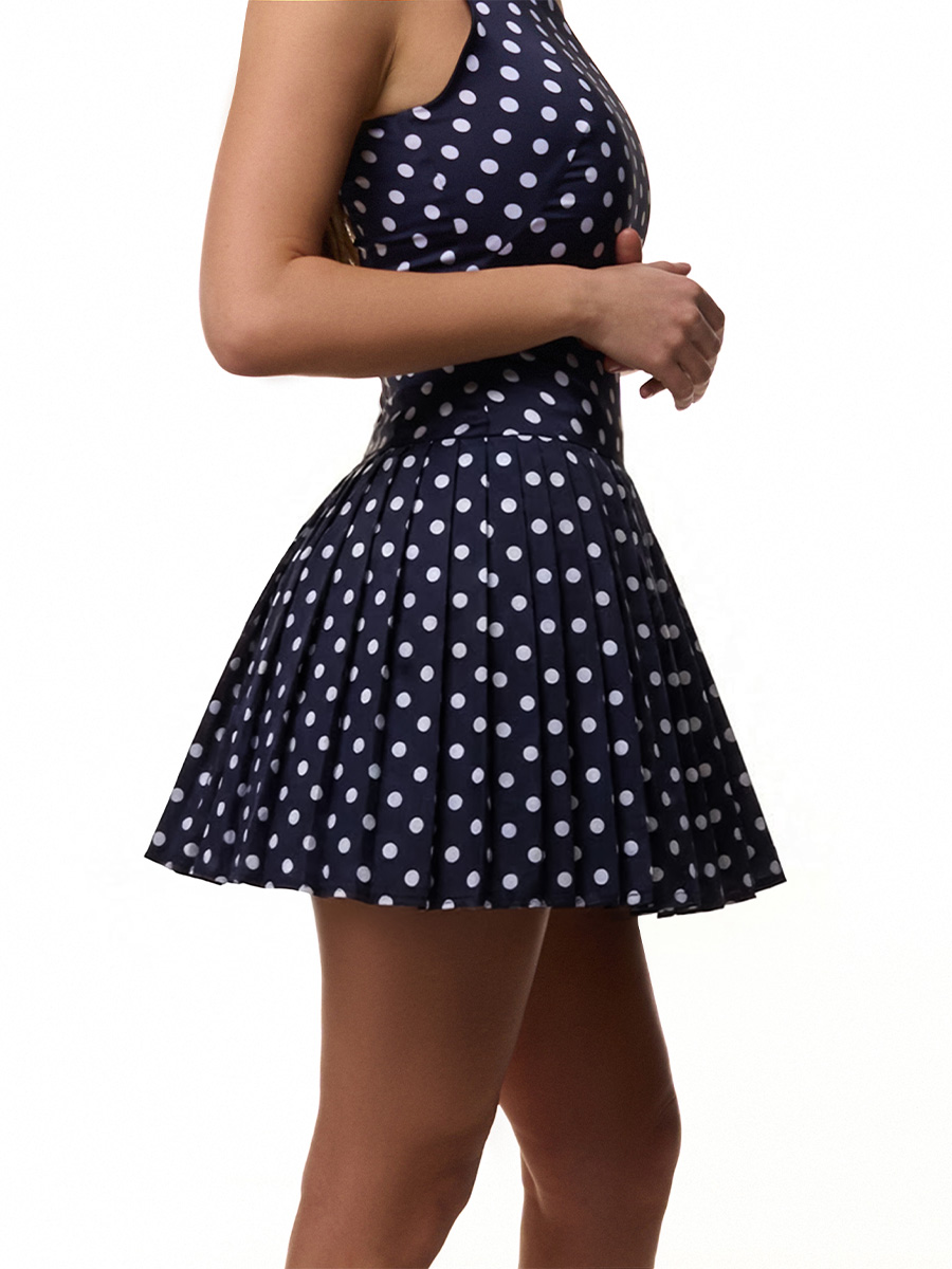 Сукня міні синього кольору в білий горох зі складками 3