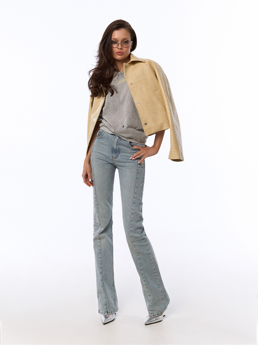 Джинси прямого крою сіро-блакитного кольору без пояса з відстрочками 1