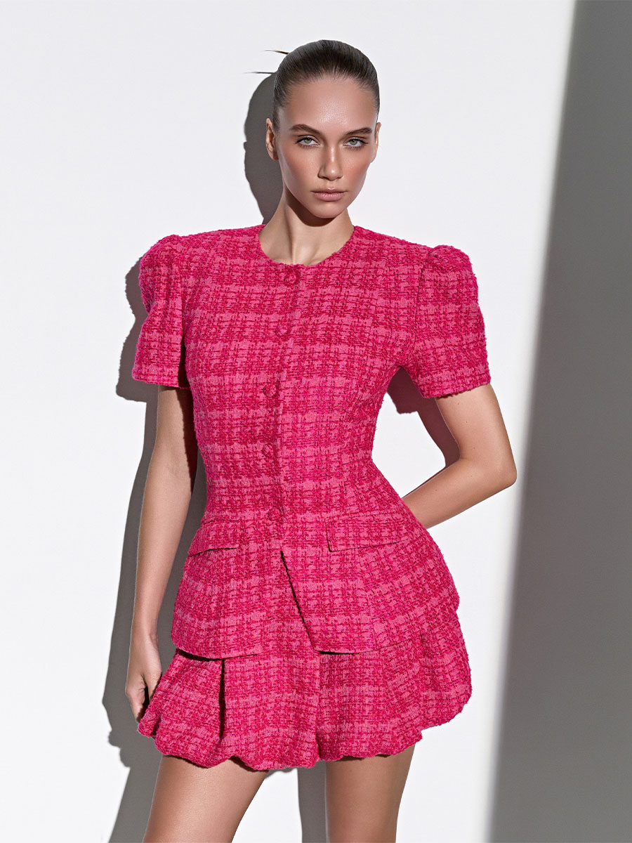 Жакет твідовий малинового кольору з коротким рукавом 1