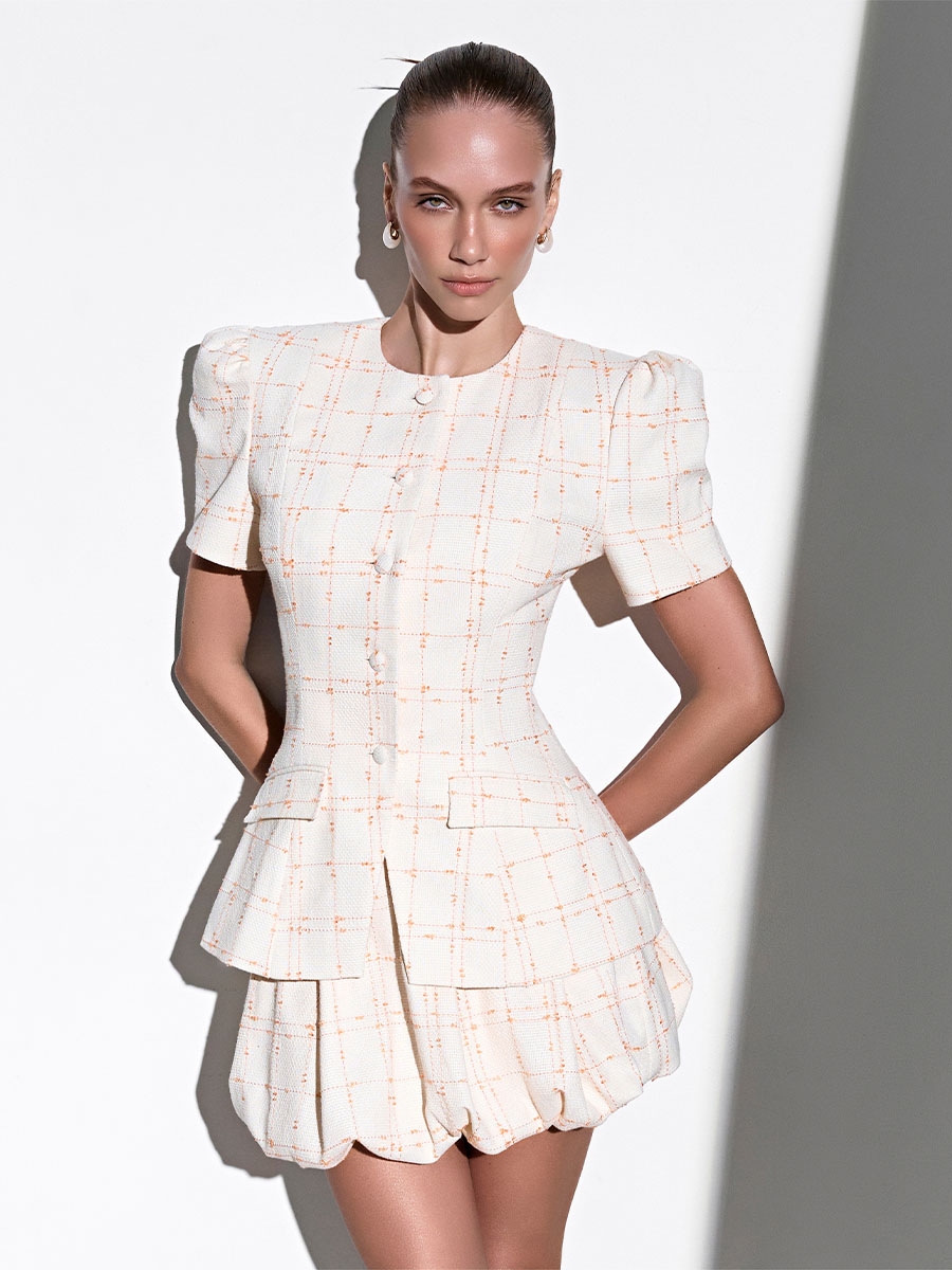 Жакет твідовий молочного кольору в клітинку з коротким рукавом 1