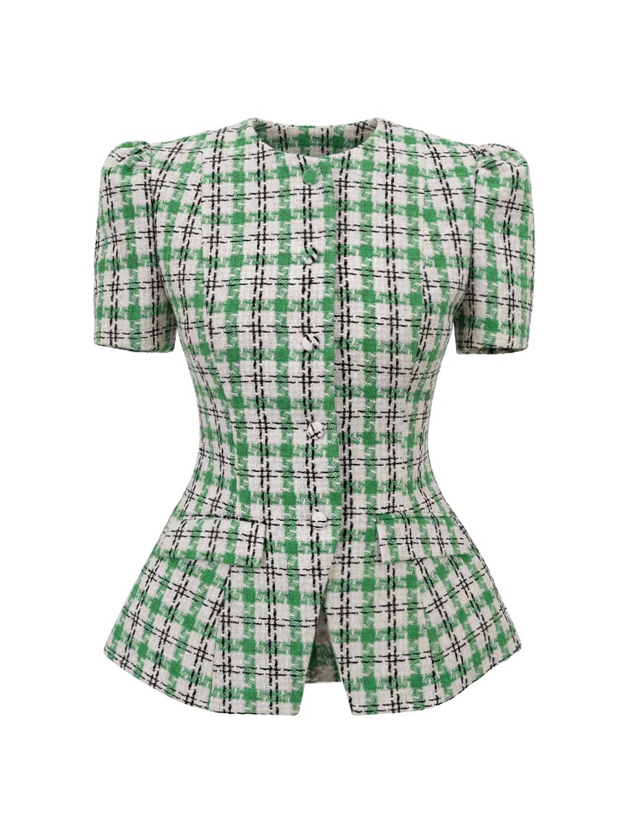 Жакет твідовий молочного кольору у зелену клітинка з коротким рукавом 1