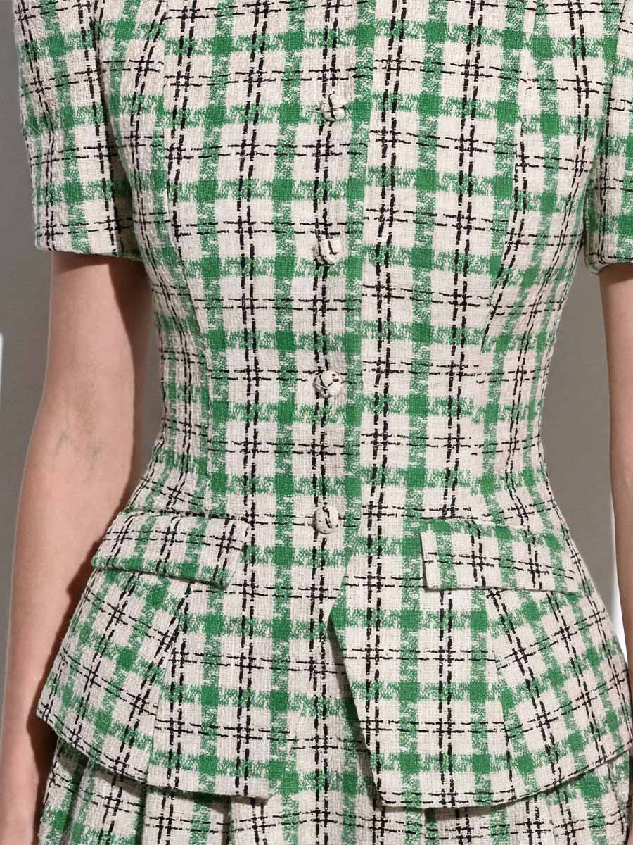 Жакет твідовий молочного кольору у зелену клітинка з коротким рукавом 1