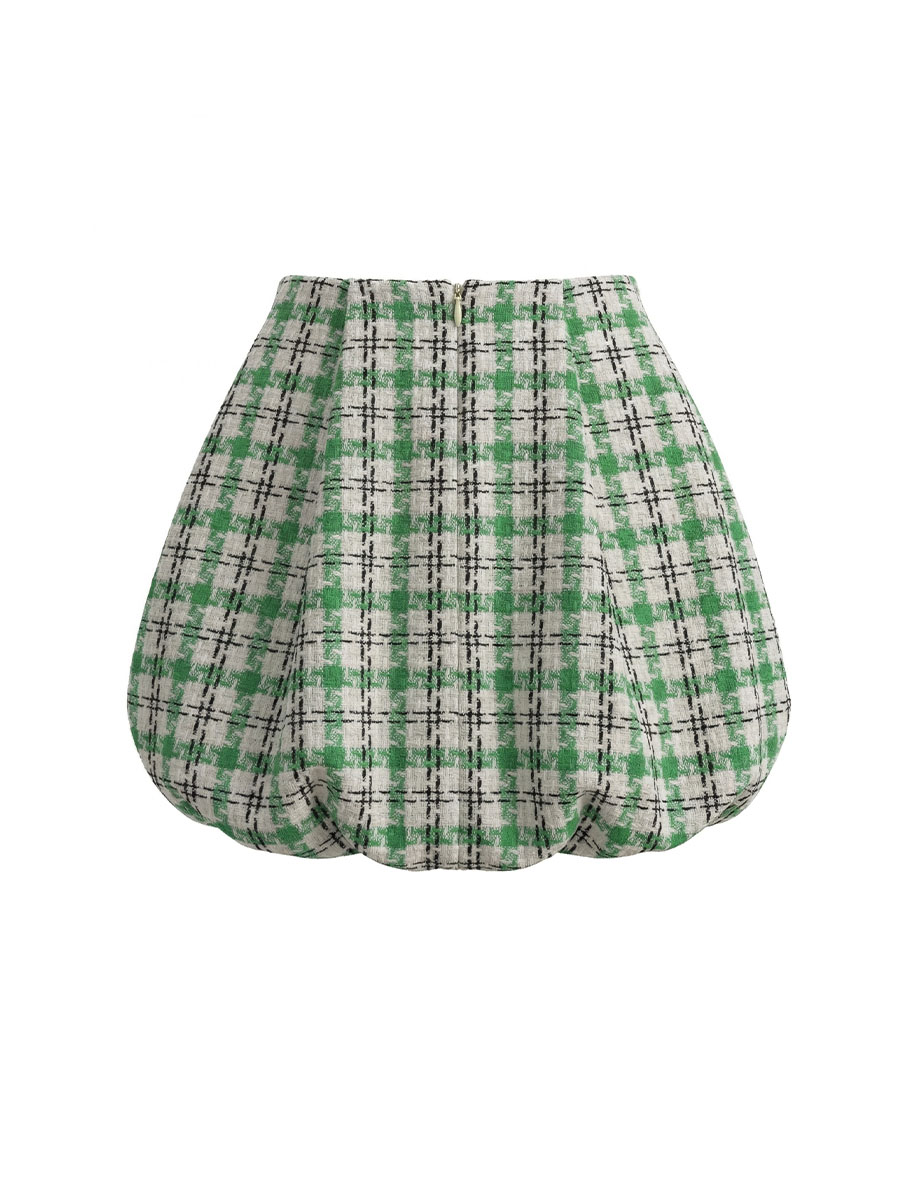 Спідниця балон молочного кольору у зелену клітинку твідова 1