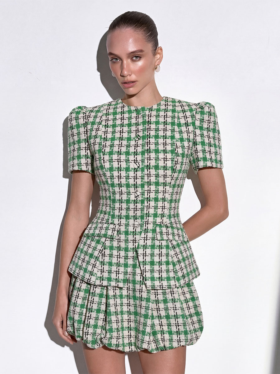 Спідниця балон молочного кольору у зелену клітинку твідова 3