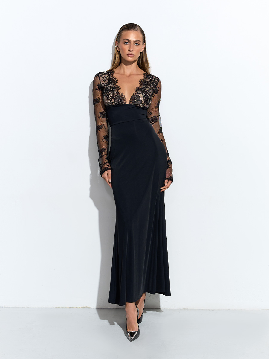 Сукня максі чорного кольору з мереживним верхом 1