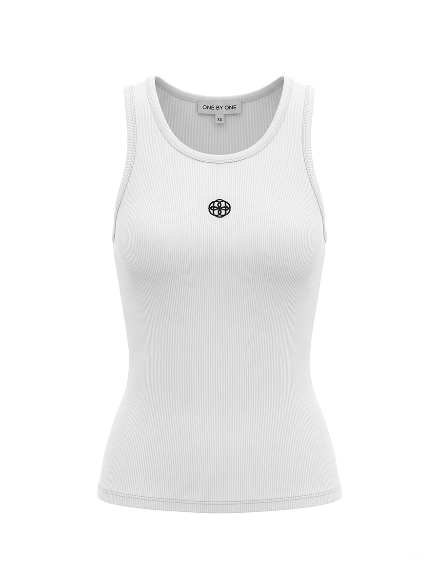 Майка білого кольору в рубчик з вишивкою бренд-елементу 1