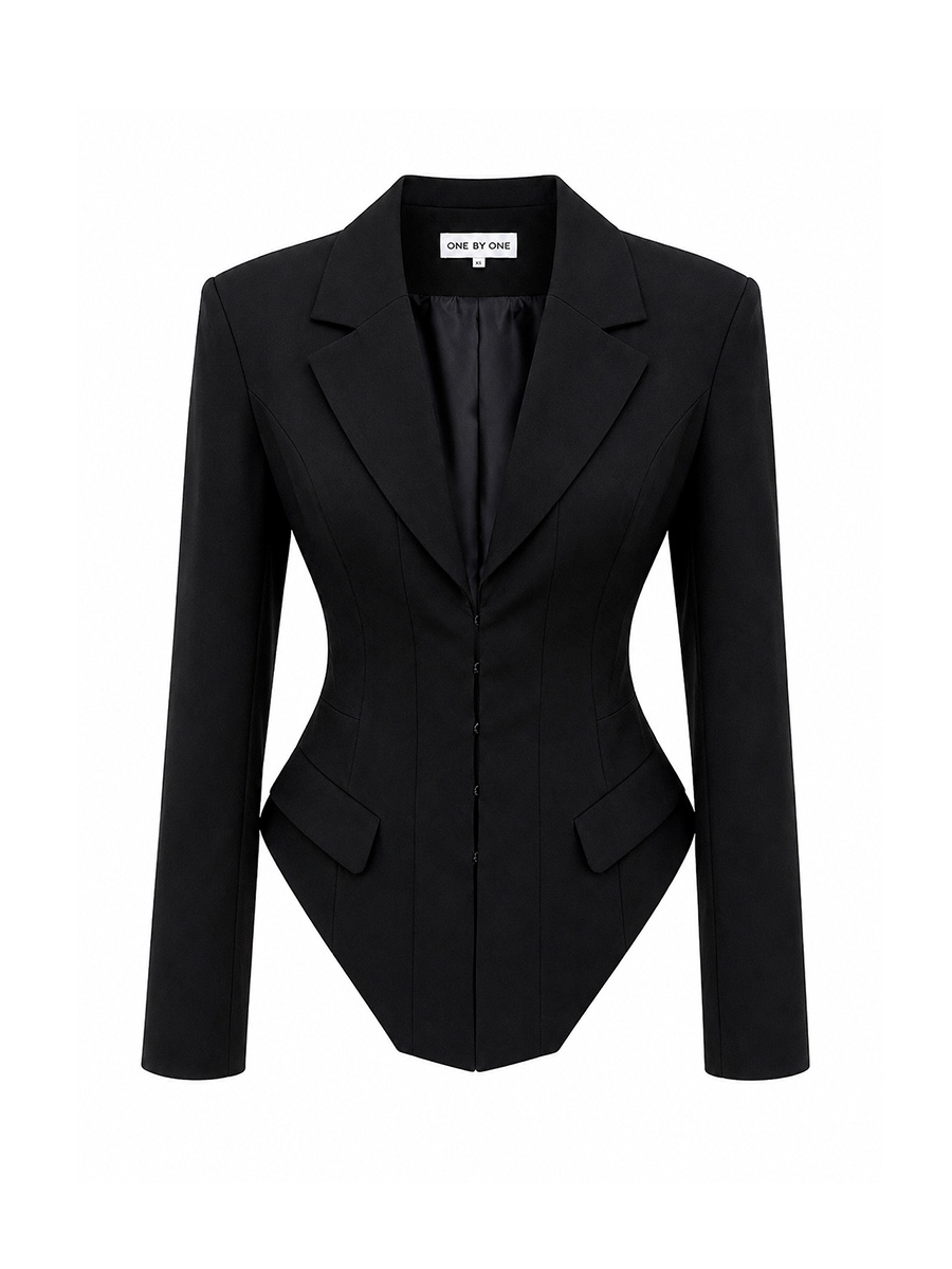 Жакет чорного кольору з рельєфними швами та фігурною лінією низу 7