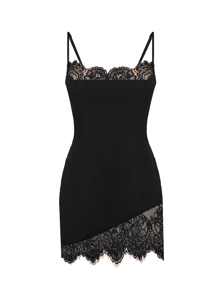 Сукня міні чорного кольору на бретелях з мереживом